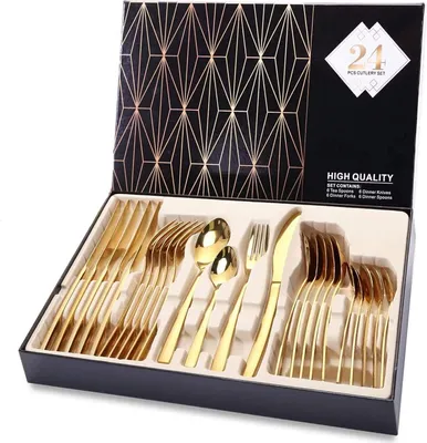 Produktbild von Golden Besteckset, Besteck 24 Stück für 6 Personen, Besteckset mit Geschenkpaket, Steakmesser / Gabel / Esslöffel / Teelöffel, Besteckset aus Edelstahl