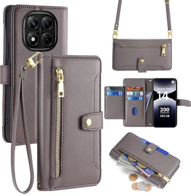 Produktbild von Handykette Xiaomi Redmi Note 14 Pro 4G Hülle mit Band Handyhülle Kartenfächer Kunstleder Umhängetasche in Grau
