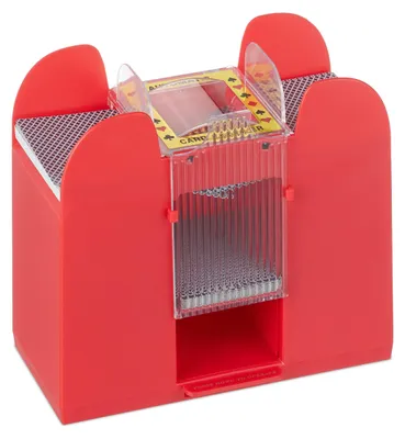 Image de Mélangeur de cartes Relaxdays, 6 jeux, mélangeur électrique pour cartes jusqu'à 91 mm, en plastique, mélangeur de cartes, rouge