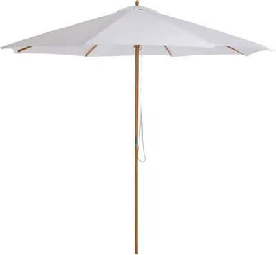 A white patio umbrella with a wooden pole against a white background.