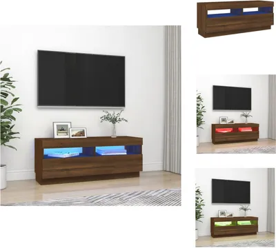 A collage of images showing a TV stand with LED lights in different colors, with a TV mounted on the wall above it.