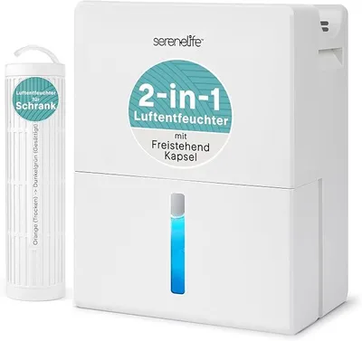 Productafbeelding van Luchtbevochtiger 2,7 liter, stil, wit – 2-in-1 luchtbevochtiger voor slaapkamer, badkamer en kelder, met herbruikbare ontvochtigingscilinder, slaapmodus en timer