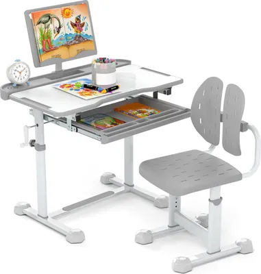 Produktbild von COSTWAY Schreibtisch Kinder mit Stuhl, Kinderschreibtisch mit Schublade & Buchständer, Tischplatte, Jugendschreibtisch für Schulanfänger ab 3+, Grau