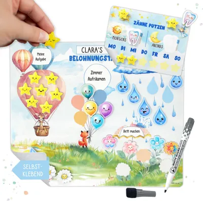 Produktbild von Belohnungstafel Kinder Set 25x30 cm inkl. Zahnputztafel, abwischbarem Stift & wiederablösbaren Stickern – perfekte Belohnungssystem Kinder ab 3 Jahren, selbstklebend & wiederverwendbar, motiviert zu Routinen & Aufgaben