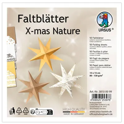Produktbild von URSUS Faltblätter „X-mas Nature“ 50 Blatt, Papier, Mehrfarbig, Muster, Quadratisch, 80 g/m², Erwachsene/Kinder