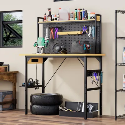 Obrázek produktu pro Pracovní stůl MODFU s perforovanou deskou, výškově nastavitelný pracovní stůl s kolečky, zásuvka AC/USB, háčky, 120 cm