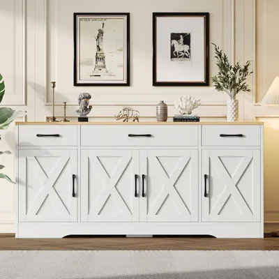 Image de Buffet blanc imitation bois, dimensions 160x37x75 cm, en MDF, avec 3 tiroirs et 4 portes