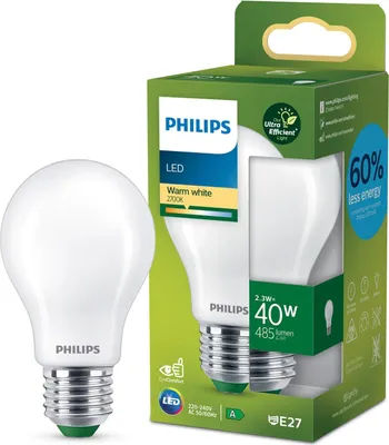 A Philips LED light bulb and its packaging are shown. The packaging highlights energy efficiency and warm white light.