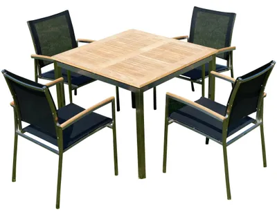 Produktbild von ALEOS. Gartengarnitur Edelstahl Batyline A-Grade Teak Holz Set: Tisch 90x90 cm + 4 Sessel Serie KUBA-SCHWARZ Gastroqualität