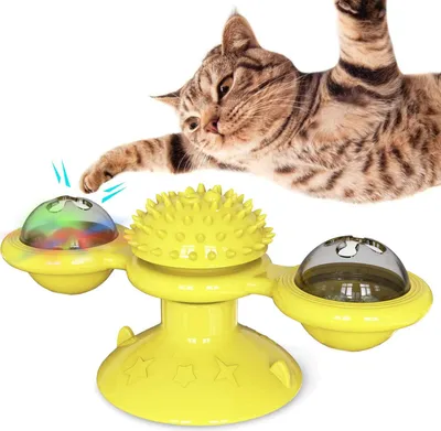 Image de Jouet pour chats moulin à vent, Teasing Pet Toy Jouet interactif pour chats avec balle LED et boule d'herbe à chat, chaton chaton soin brosse à cheveux pour chats (jaune)