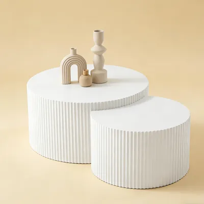 Produktbild von okwish 2er-Set Couchtisch mit Wellen-Reliefkante, Sofatisch, Platzsparendes Design, Für Wohnzimmer,Weiß