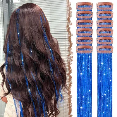 Image de Fils brillants pour cheveux, 12 pièces, 50 cm, bleu pailleté