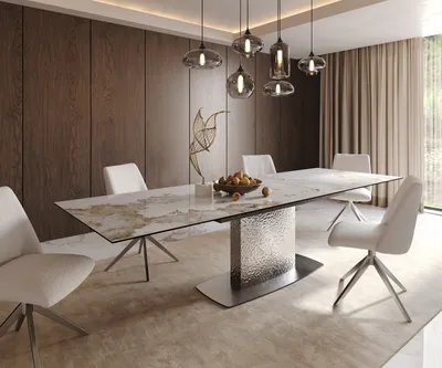 Produktbild von DELIFE Esstisch Edge 200-300x100 Keramik Minas Melange Weiß-Beige Wave Edelstahl ausziehbar