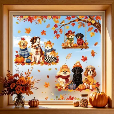 Immagine prodotto di Decorazioni per finestre a forma di cucciolo tra le foglie autunnali, riutilizzabili su entrambi i lati, dimensioni 120 x 30 cm