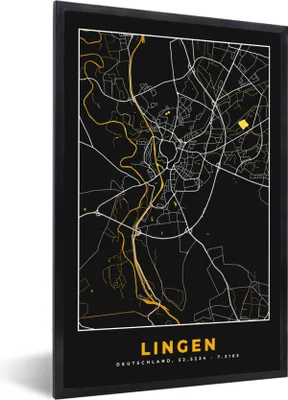 Produktbild von MuchoWow® Gerahmtes Poster Lingen - Stadtplan - Gold - Karte - Deutschland 20x30 cm - Poster mit Schwarzem Bilderrahmen Wandposter Rahmen Foto Bilder - Drucken - Bilder Poster im Rahmen