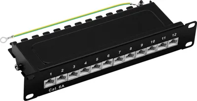 Produktbild von ProfiPatch Cat6a Patchpanel 10 Zoll Verteilerfeld 12 Port Patchfeld RJ45 geschirmt Rackeinbau 1HE schwarz
