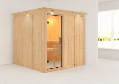 Produktbild von Karibu Sauna Innensauna Rodin Fronteinstieg ohne Zubehör 210x210x202 cm mit Dachkranz mit Klarglastür
