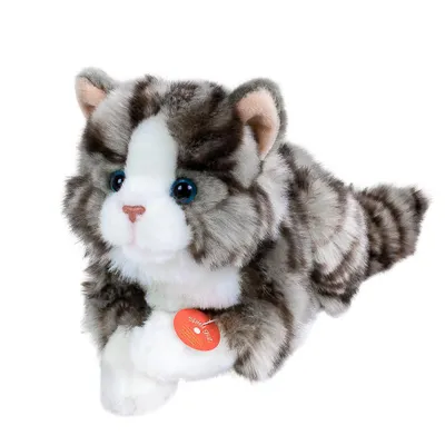 Produktbild von Katze liegend grau getigert 20 cm (mit Schwanz 28 cm) Kuscheltier