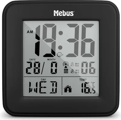 Produktbild von Mebus digitaler Funk-Wecker mit Thermometer, Beleuchtung und Kalender, kompakt & stabil / Farbe: Schwarz / Modell: 25595