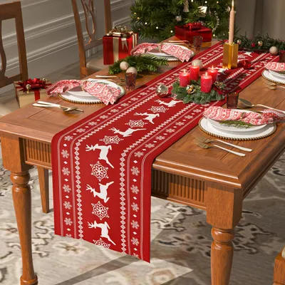 Weihnachts-Tischläufer, Rot-Weiß, Hirschmotiv, 180 x 33 cm