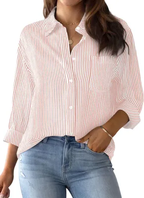 Produktbild von ASKSA Damen Bluse Streifenbluse Langarm Hemden Elegant Casual Hemden Arbeit Hemd Oberteile Tops mit Tasche (Rosa,M)