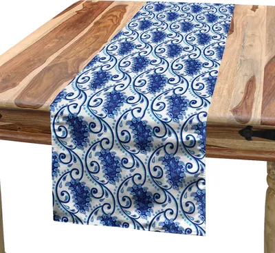 Obrázek produktu pro ABAKUHAUS Paisley ubrus, design inspirovaný východní vinobraní s květinami, břečťanovými listy a tečkami, přírodní motiv, 40 x 180 cm, modrá a bílá