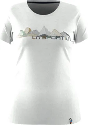 Weißes T-Shirt für Damen von La Sportiva mit Bergmotiv auf der Vorderseite.