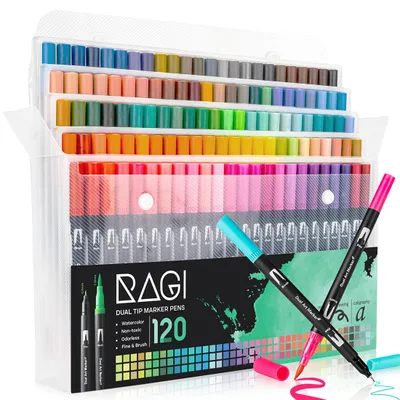 Produktbild von RAGI Aquarell Filzstifte Marker Set – 100 Twin Tip Pinselstifte, Dual Brush Pen und Fineliner Tip Aquarellstifte, Doppelspitze Aquarellmarker Stifte
