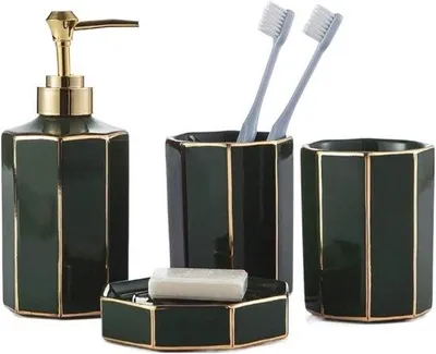 Produktbild von Badezimmeraccessoires Set - Keramisch, stilvolles Design - 4-teilig - Grün