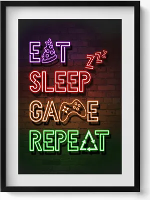 Produktbild von Beschriftung für Gamer „Eat sleep game repeat“– Wandbild mit Rahmen – Gerahmtes Bild  – Wanddekoration – 50x70 cm –  Schwarz Rahmen