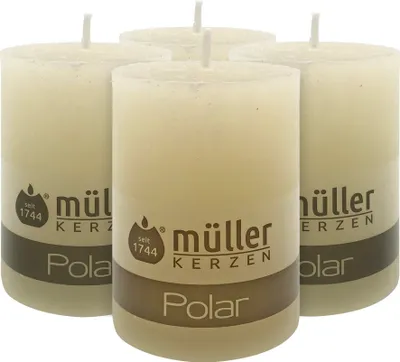 Produktbild von Müller Kerzen POLAR Stumpenkerzen Elfenbein 68x100 mm – 4 Stück – 46h Brenndauer