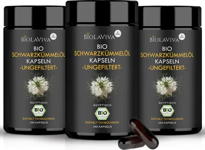 Produktbild von BIOLAVIVA Schwarzkümmelöl-Kapseln  & ungefiltert– reich an Thymochinon –(3 x 240) vegane Kapseln 4-Monats-Vorrat – labor & in DE hergestellt