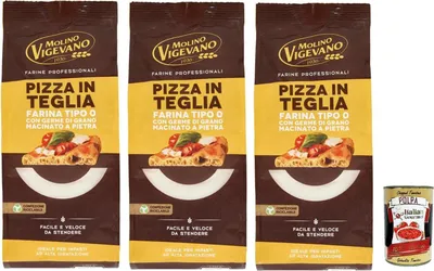 Produktbild von Molino Vigevano Farine Professionali Pizza in Teglia, Mehltyp "0" für Pizzen in der Pfanne, Professionelle Mehl 3x 500 g + Italian Gourmet polpa 400g