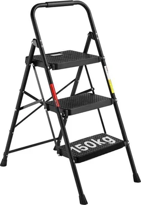 Produktbild von Famanu Klappbare 3-Stufenleiter - Schwarze Stahlleiter mit Antirutsch-Pedalen und Softgriff, 150 kg Tragkraft