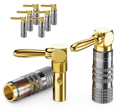 Produktbild von deleyCON Bananenstecker Set 90° gewinkelt, vergoldet, schraubbar, 8 Stück