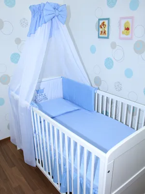 Produktbild von Primawela Baby Bettwäsche Set mit Applikation- 6 teiliges Set mit Chiffon Himmel Bettset Nestchen- 5. Prince-Blau