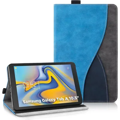 Image de Étui de protection pour tablette Samsung Galaxy Tab A 10.5 (2018) (modèles SM-T590/T595/T597), avec portefeuille et fonction support, couleur bleu