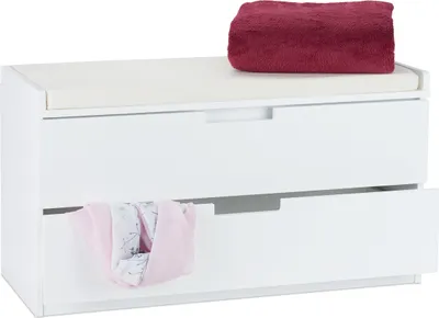 Immagine prodotto di Comodino Relaxdays con 2 cassetti, seduta imbottita, panca da ingresso con vano portaoggetti, A x L x P: 48,5 x 87 x 38 cm, bianco