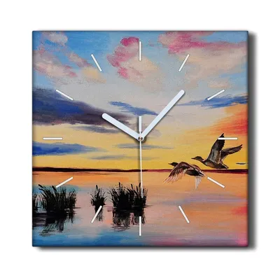 Produktbild von Coloray Hodiny Unikátní 30x30 cm  Tiché hodiny Pro obývací pokoj a kuchyň Nástěnné hodiny Plátno Černé ručičky hodin - Jezero Sunset Birds