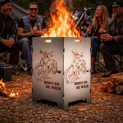 Produktbild von TiKo-Design Feuerkorb mit Chopper Motiv - Born to be wild - 2 Fach Laserung, Zerlegbar, Gartendekoration, Feuerkorb & Sitzgelegenheit