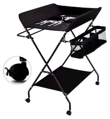 Produktbild von Wickeltisch Wand Klappbar - Baby Wickeltisch, Mobiler Wickelkombi mit Rädern Wickelauflage Ablagefächern, Höhenverstellbar Baby Klappbarer Wickeltisch Wickelkommode Klappbar, bis zu 25 kg (Schwarz)