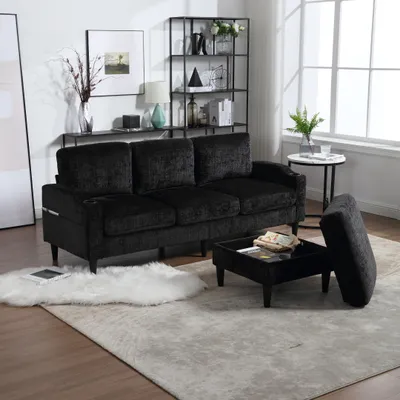 Produktbild von MODFU Ecksofa,4-Sitzer Sofa mit Hocker&Stauraum,Relaxsofa mit Armlehnen& Getränkehalter,Big Sofa mit Seitentaschen&Kunststofffüßen,Polstermöbe Schwarz