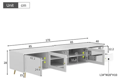 Image de Meuble TV - Meuble bas TV - 170 x 40 x 43 cm - 2 tiroirs - 2 portes en verre - 1 porte d'armoire - Étagères réglables - Blanc