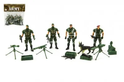 A set of toy soldiers and accessories arranged on a white background.