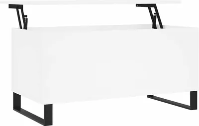 A white lift-top coffee table with black metal legs, shown from the front.