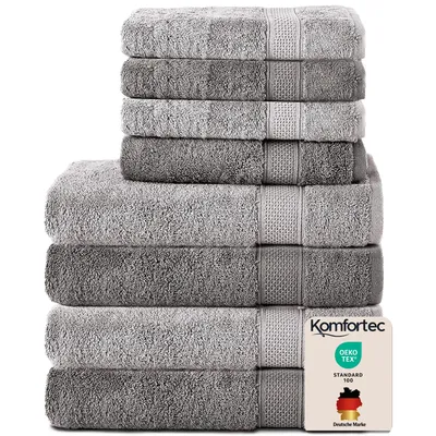 Produktbild von Komfortec 8er Handtuch Set aus 100% Baumwolle, 4 Badetücher 70x140 und 4 Handtücher 50x100 cm, Frottee, Weich, Towel, Groß, Anthrazit/Silber