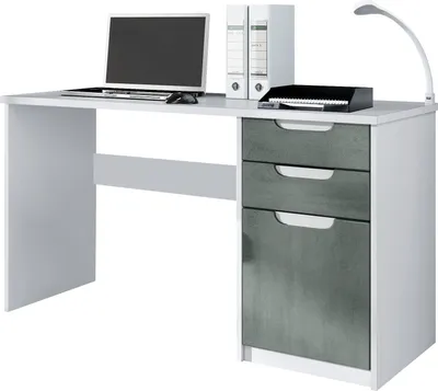 Produktbild von Vladon Schreibtisch Logan,  Germany, Bürotisch mit 2 Schubladen und 1 Tür, Weiß matt/Beton Dunkel Optik (129 x 76 x 60 cm)