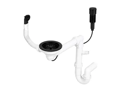 Produktbild von GranMaster Premium Raumsparsiphon für 1-Becken-Spülbecken Schwarz – Ablaufgarnitur mit Exzenterbedienung, rundem Überlauf und Geräteanschluss