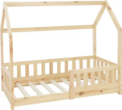 Produktbild von ML-Design detská posteľ 70x140 cm s ochranou proti vypadnutiu, so strieškou a lamelovým roštom, prírodná, posteľ z masívneho borovicového dreva