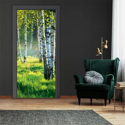 Obrázek produktu pro Březový les tapeta na dveře lesní trávy - 91x211 cm jednodílná - netkaná textilie plakát na dveře včetně vložení fototapety na dveře obývací pokoj kuchyň koupelna samolepka na dveře fólie na dveře odolná proti UV záření připravená k instalaci